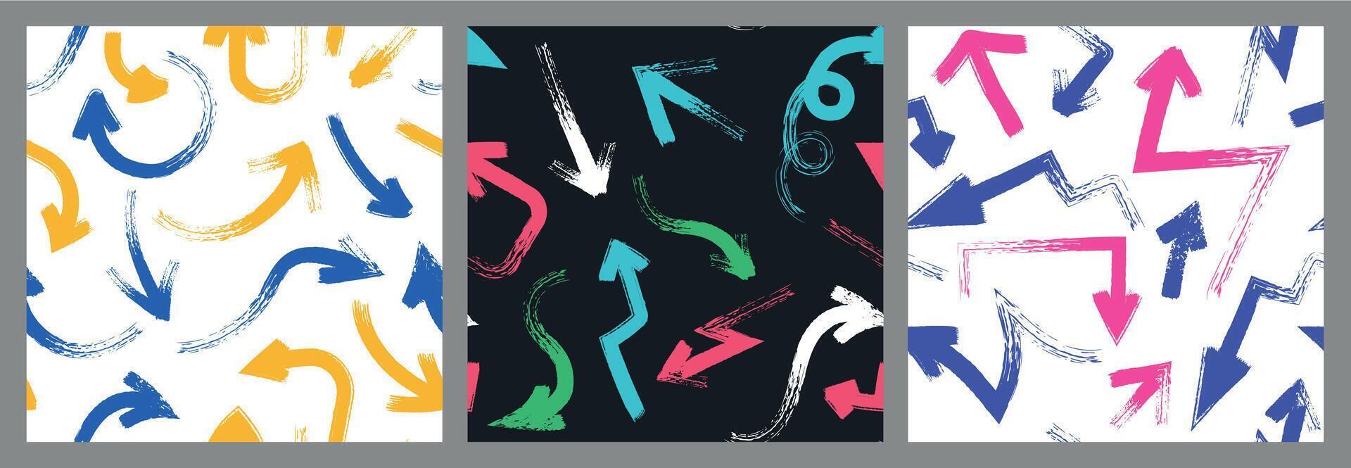 Bold brush arrow pattern. Seamless print of rough grunge line pointers and direction signs. Abstract simple sketch direction symbols texture vector