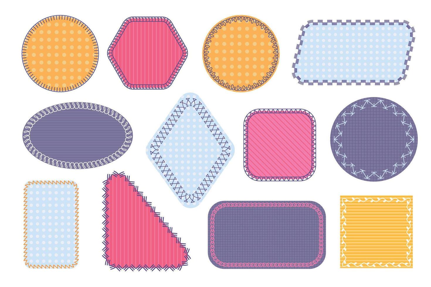 Cloth patches with stitches. Square and round sewing badges, needlework and embroidery textile elements with thread. isolated set vector