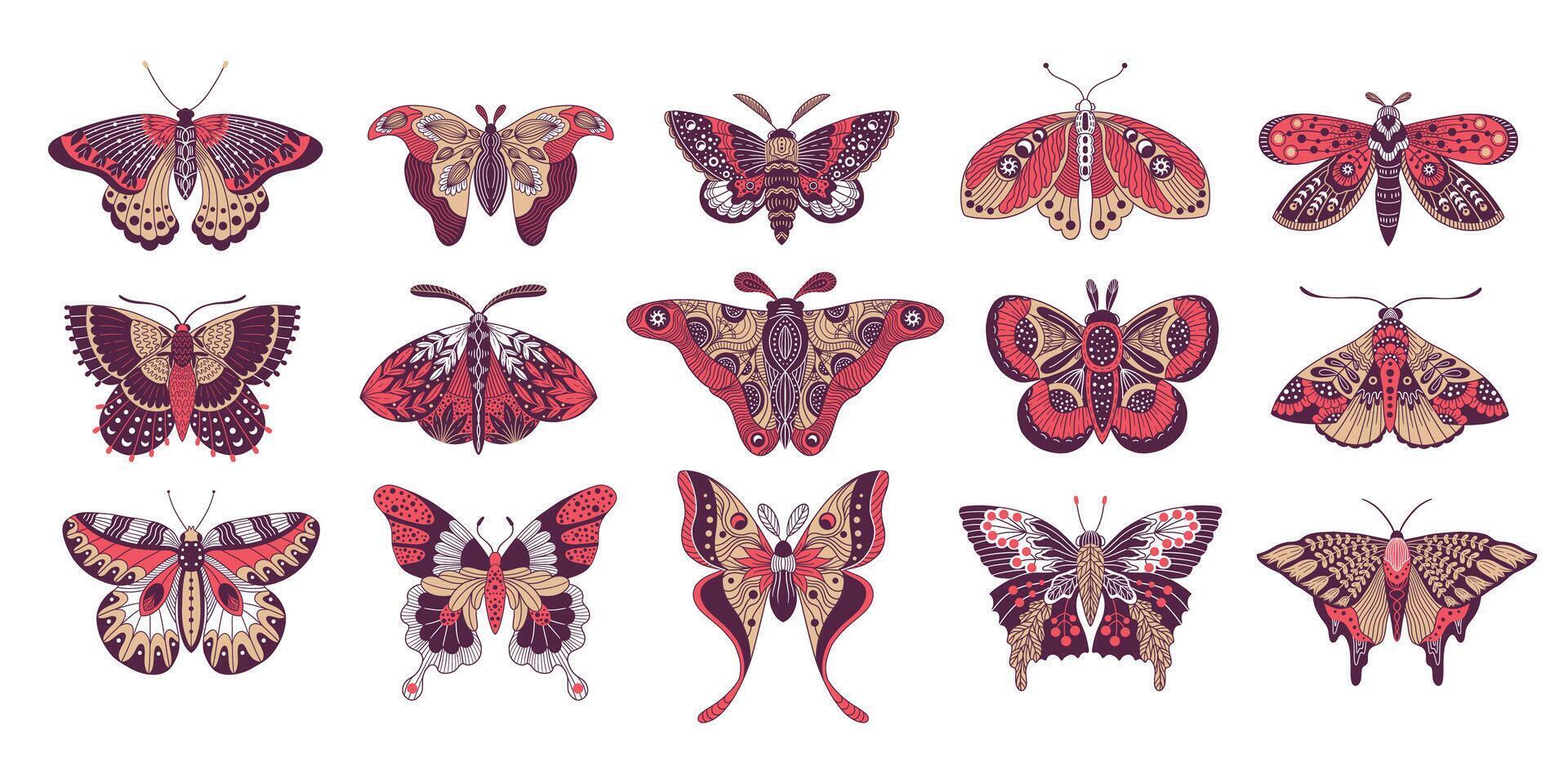 Mystical boho butterflies. Abstract tattoo of decorative colorful winged insects, creative astrology butterfly logo design. isolated set vector