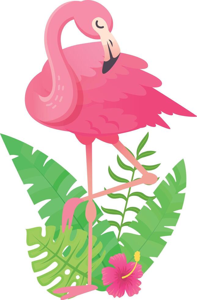 Pink flamingo is standing on one leg, surrounded by lush tropical foliage, including palm leaves and a hibiscus flower vector