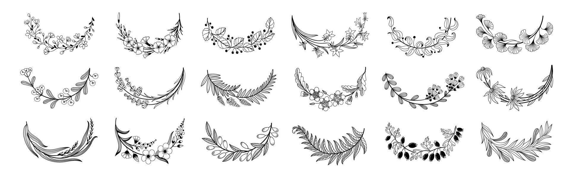 Minimalistic floral elements. Minimal boho floral frames and bouquets, organic decorative simple minimalistic floral icons. isolated set vector