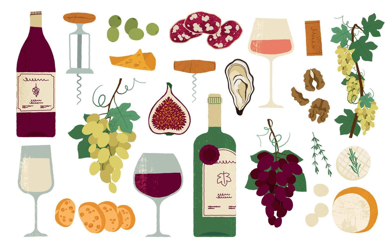 Wine tasting. Wine bottle and glass with cork, french red alcoholic drink, grapes harvest festival celebration concept. illustration vector
