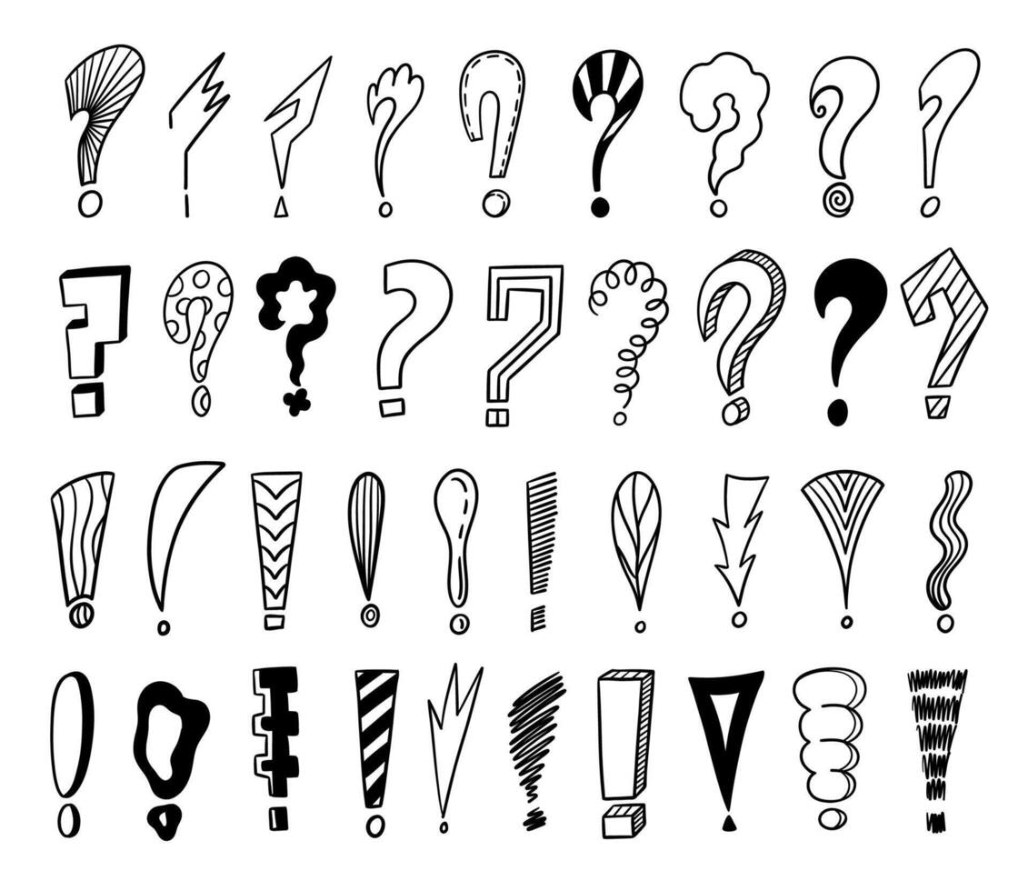 Doodle exclamation and question icons. Cartoon hand drawn punctuation marks and question sign symbols. isolated set vector