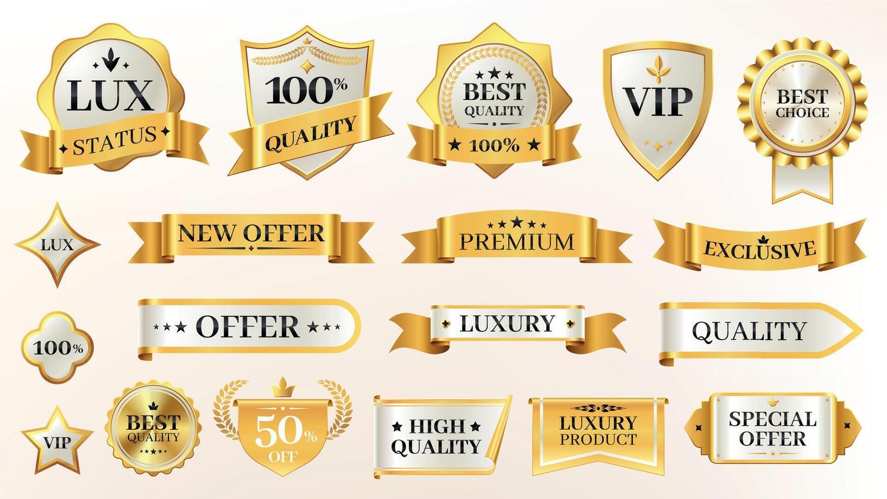 Elegant glossy labels. Vintage golden stickers with premium quality and best choice badges for product rating. certificate and sticker set vector