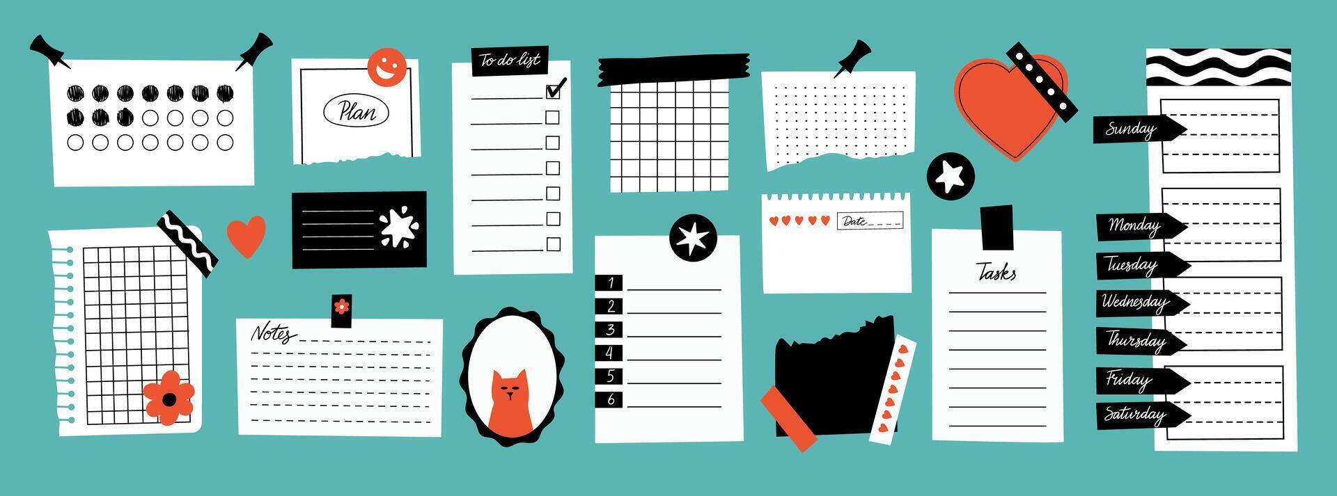 Checklist paper collection. Blank note pages with to do list, sticker templates for daily planners, check mark board for organizer. isolated set vector