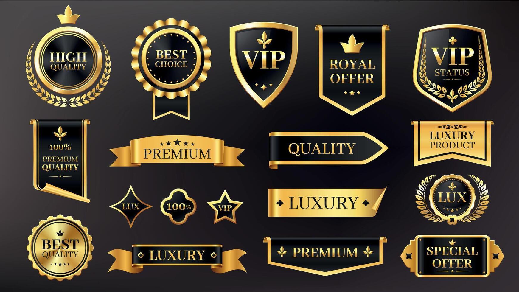 Golden luxury labels. Premium quality badges with golden stars and ribbons for product rating. Shiny stickers and seal for certificate set vector