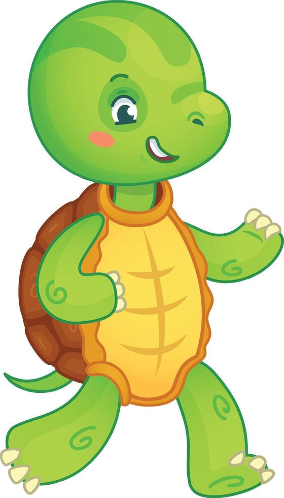 Cute cartoon turtle happily walks by, winking and smiling, perfect for kids and nature themes vector