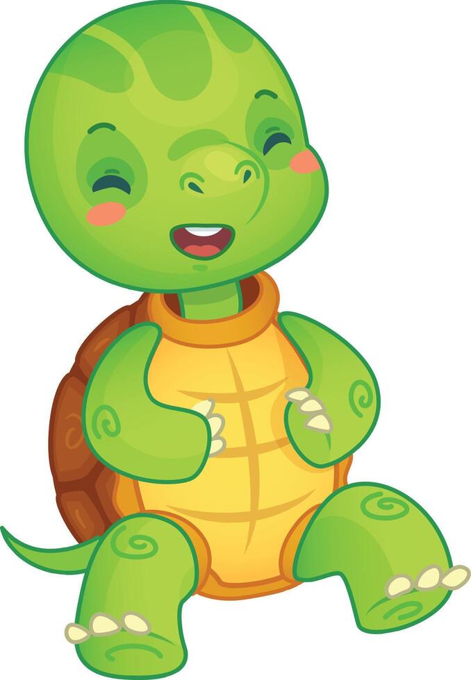 Cheerful cartoon turtle sitting with its legs crossed, eyes closed, and laughing. This cute reptile is sure to bring a smile to your face vector