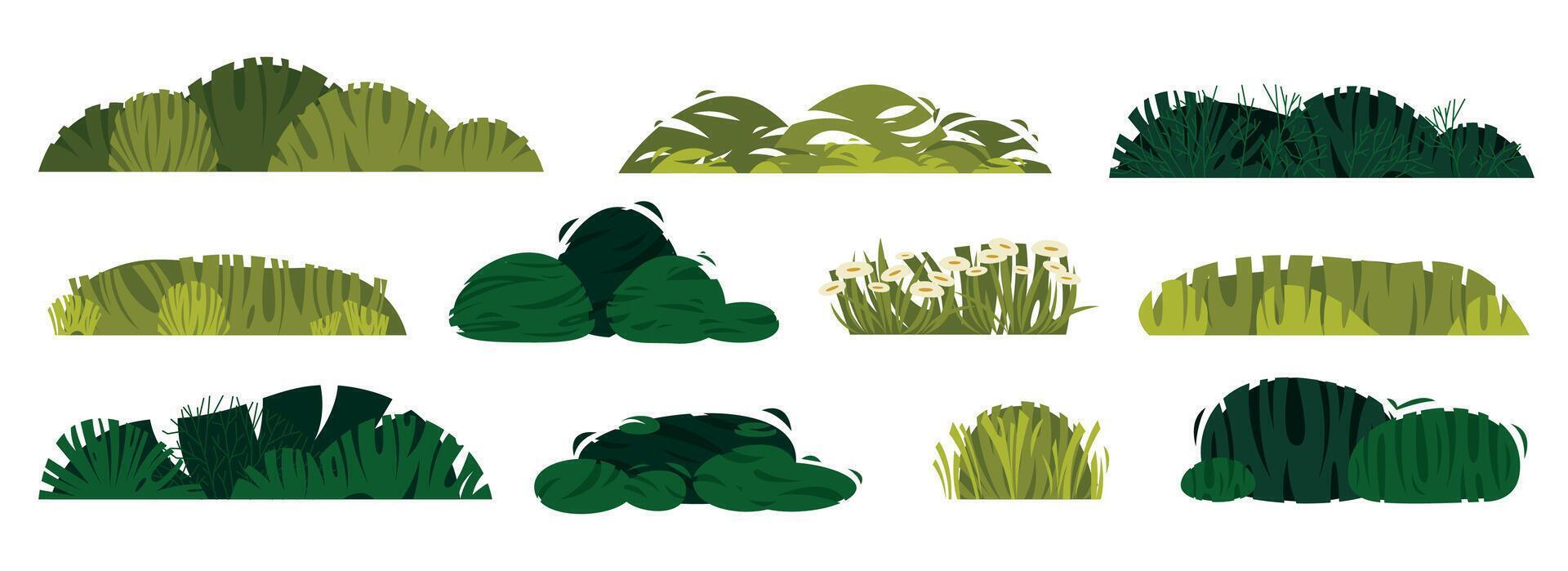 Green bushes. Cartoon spring summer forest foliage plants, decorative floral botanic garden bushes and shrubs. isolated collection vector
