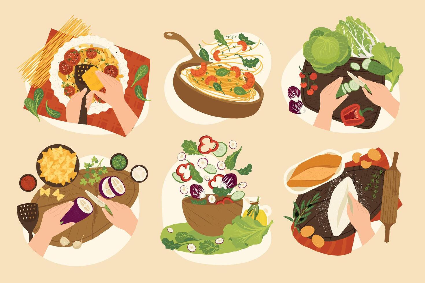 Food preparation concepts. Cartoon cooking ingredients and kitchen tools, chef preparing meal for restaurant healthy vegetarian food. set vector
