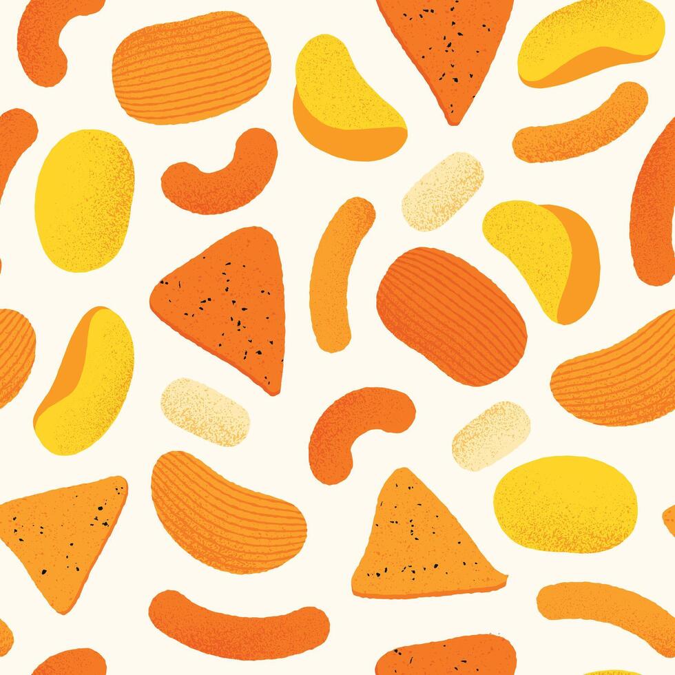 Snacks pattern. Seamless print of various fast food and junk food, cartoon snack mix with chips, burgers, hot dogs and pizza. texture vector