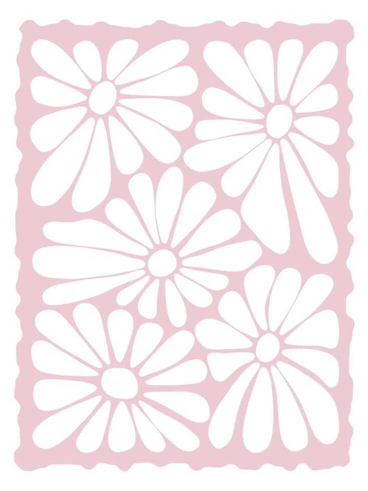 Groovy retro abstract flowers backgrounds. doodle shapes in trendy naive hippie 60s 70s style. Square wavy illustration in pink colors. vector