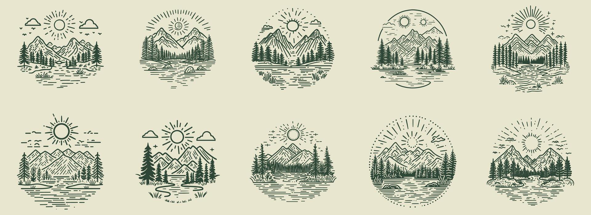 Set of line art outdoor logo depicting mountains, trees, a sun, and a river. illustration suitable for a nature campers club t-shirt or other merchandise. vector