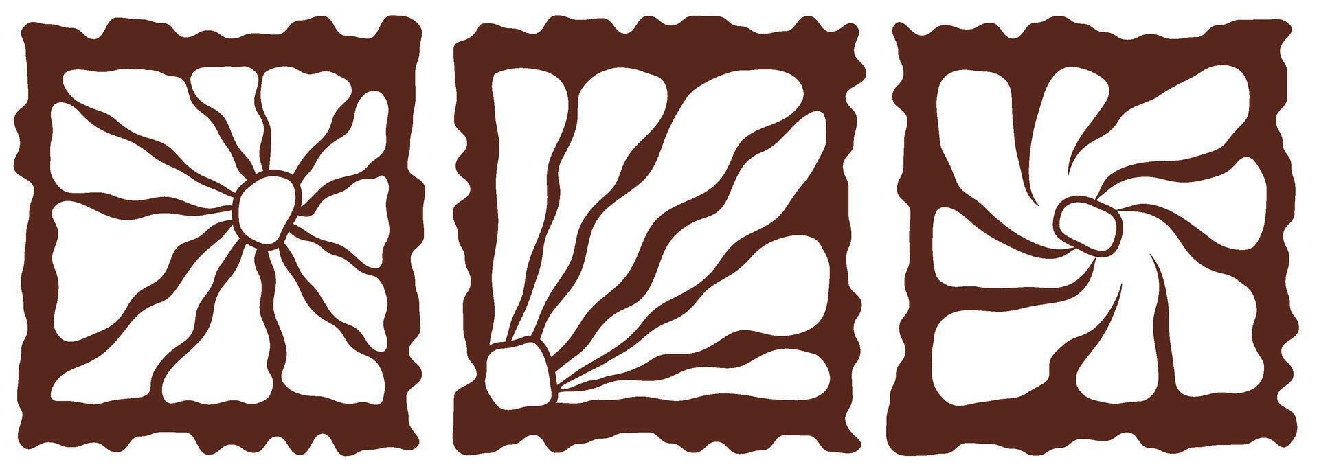 Groovy retro abstract flowers backgrounds. doodle shapes in trendy naive hippie 60s 70s style. Square wavy illustration in brown colors. vector