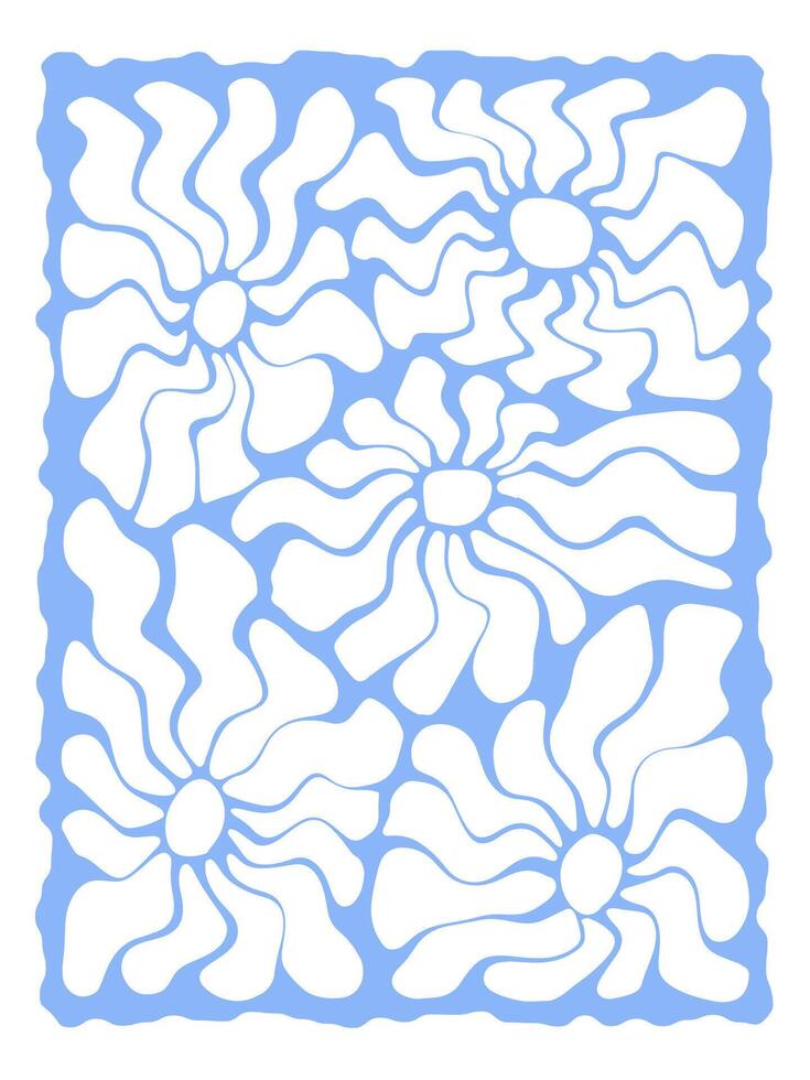 Groovy retro abstract flowers backgrounds. doodle shapes in trendy naive hippie 60s 70s style. Square wavy illustration in blue colors. vector