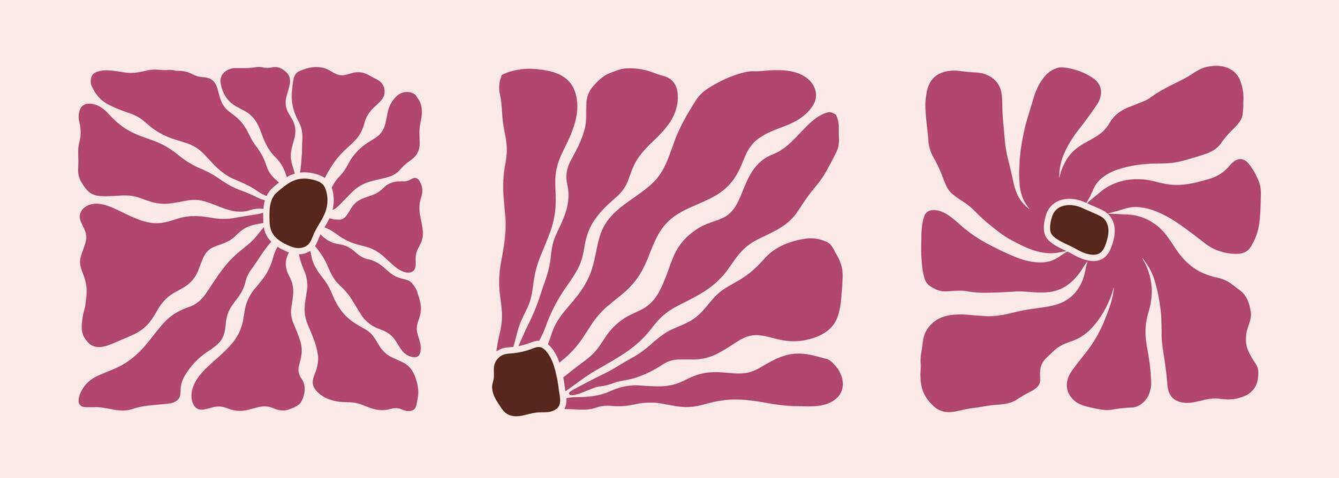 Groovy retro abstract flowers backgrounds. doodle shapes in trendy naive hippie 60s 70s style. Square wavy illustration in brown pink colors. vector