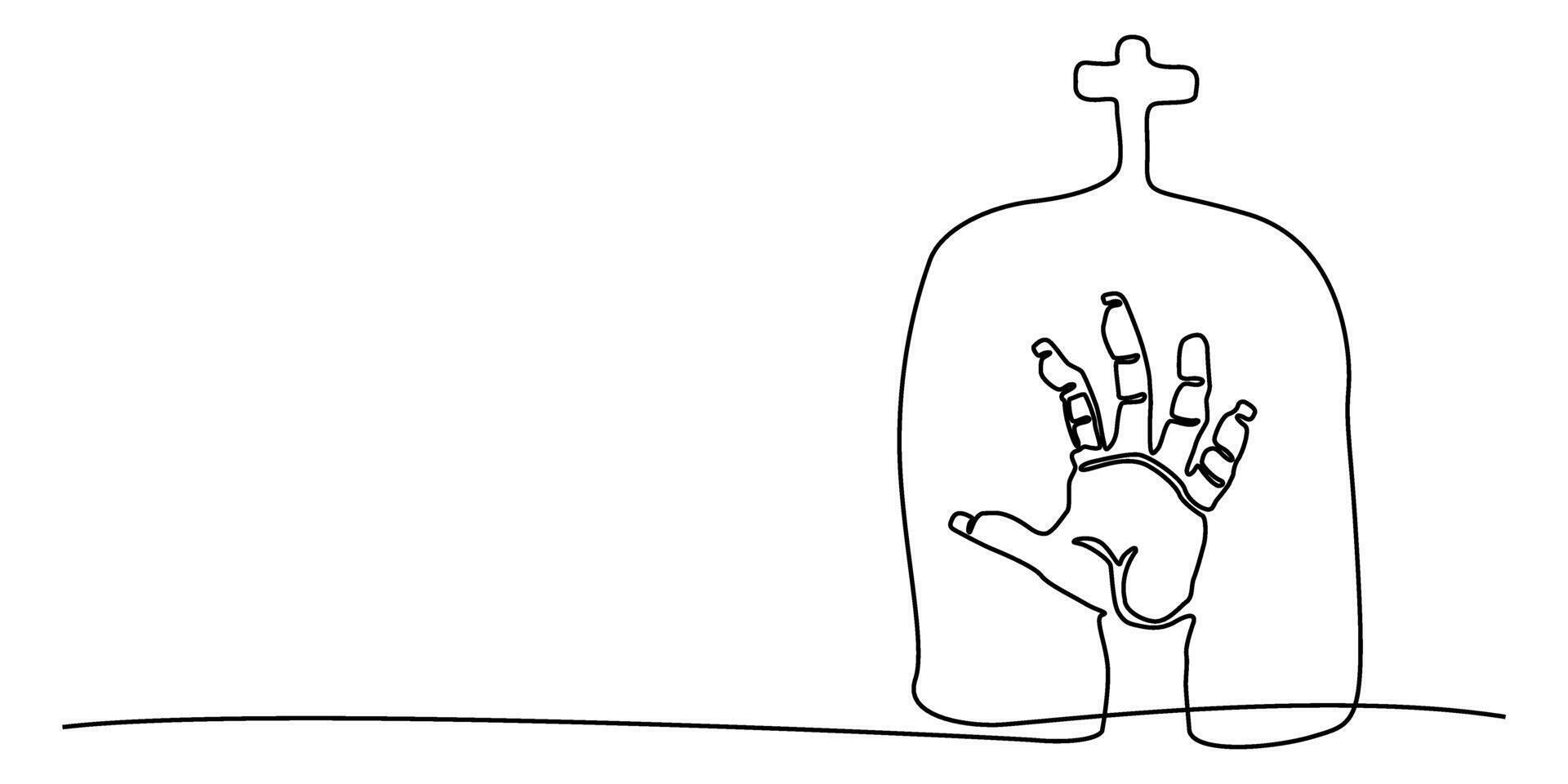 Continuous one line of zombie hand out of the grave. editable stroke. vector