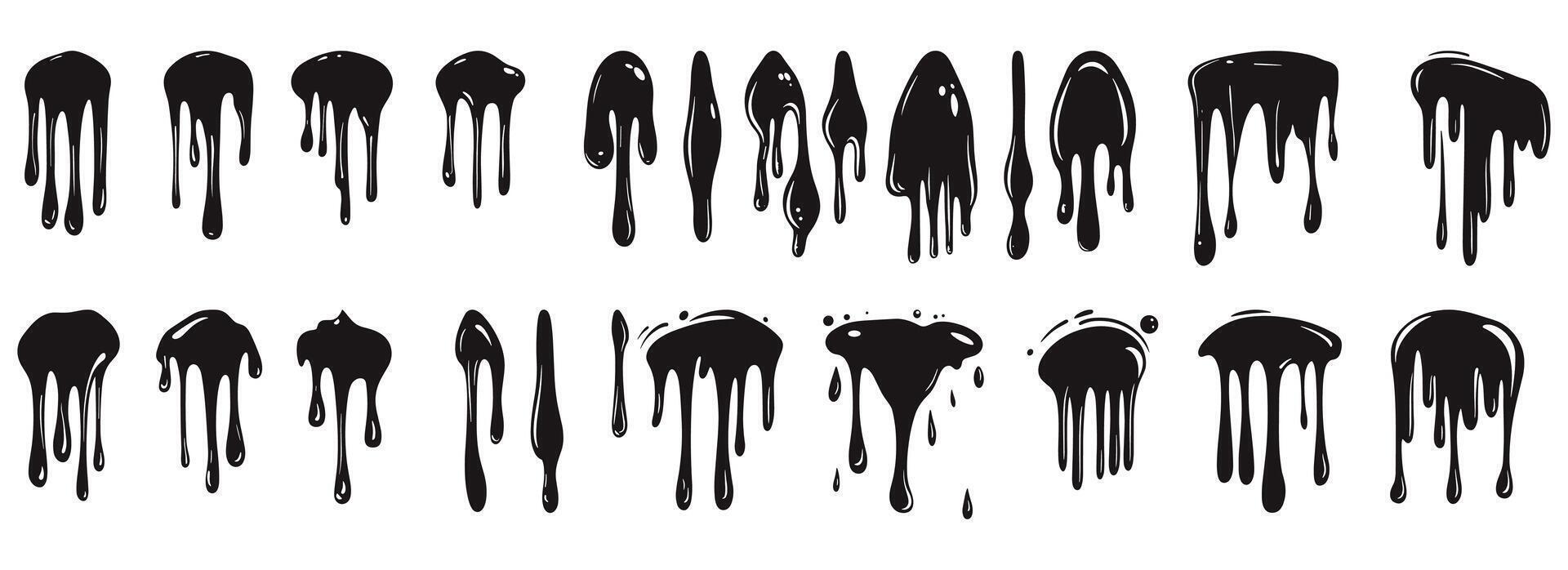 Silhouette dripping paint or black liquid melting, illustration set isolated on a white background. Dripping oil, cartoon style design elements collection. vector