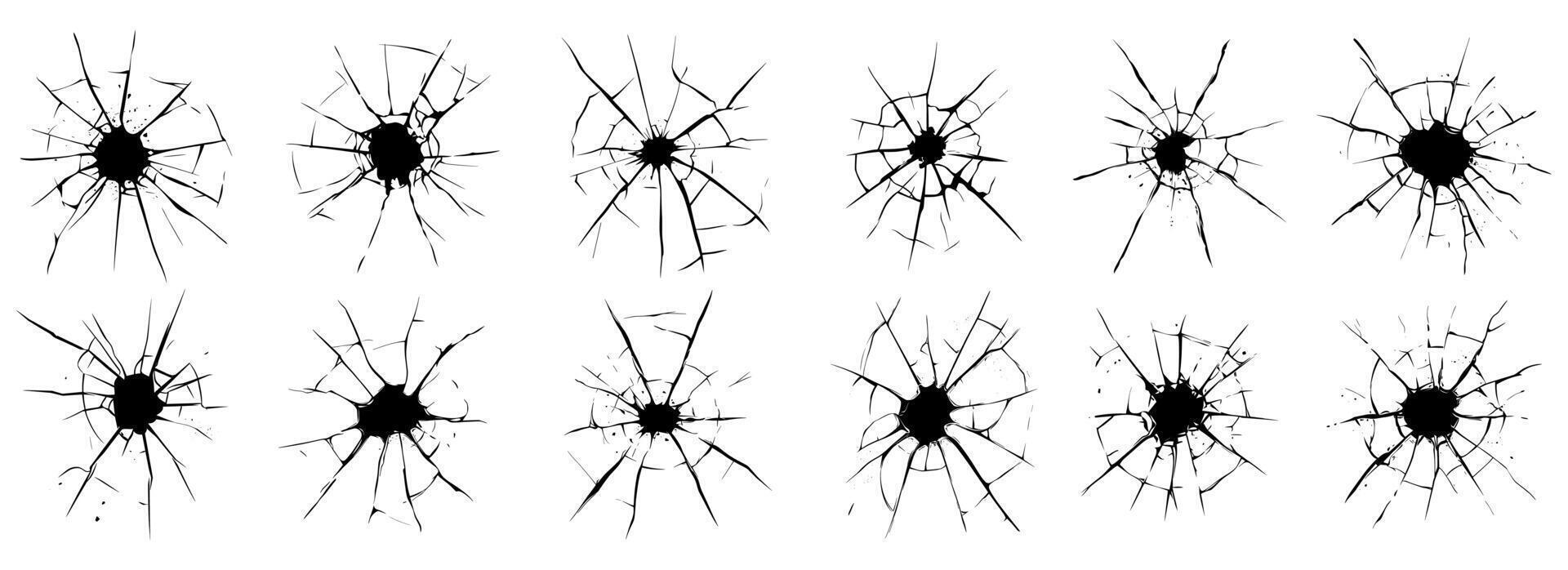 Cracked window glass with a bullet hole. broken cracked window wall. vector
