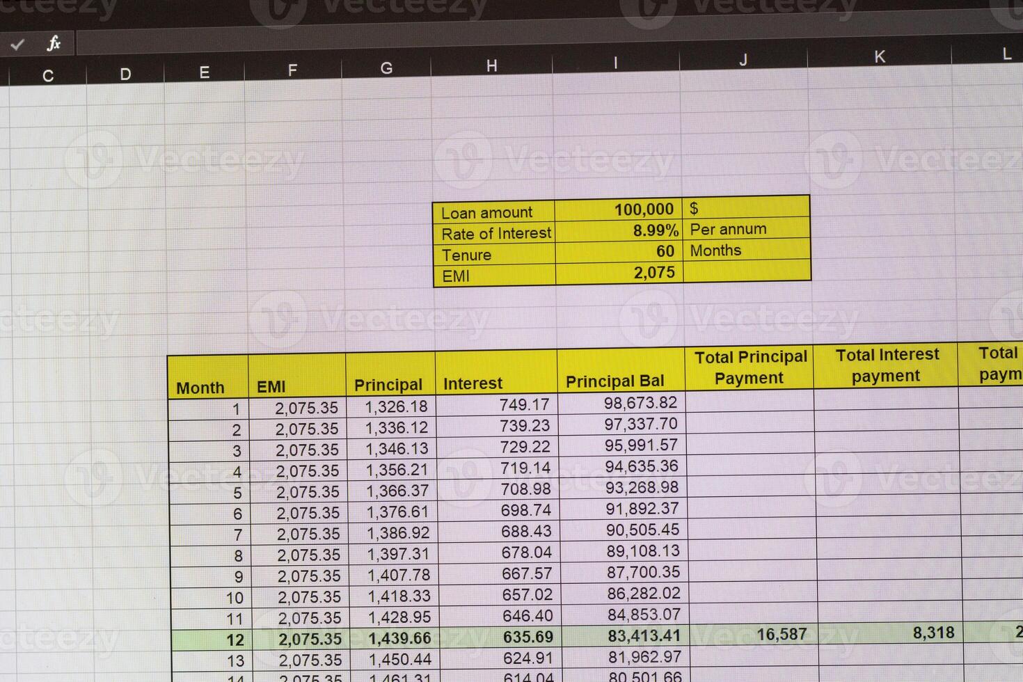 Shot of an dark mode excel sheet on computer screen showing bank loan amortization table. Banking photo