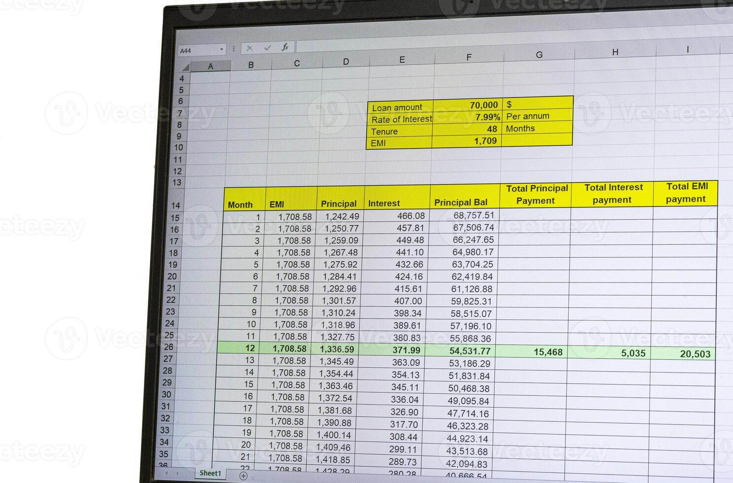 Shot of an excel sheet on computer screen showing bank loan amortization table. Finance photo