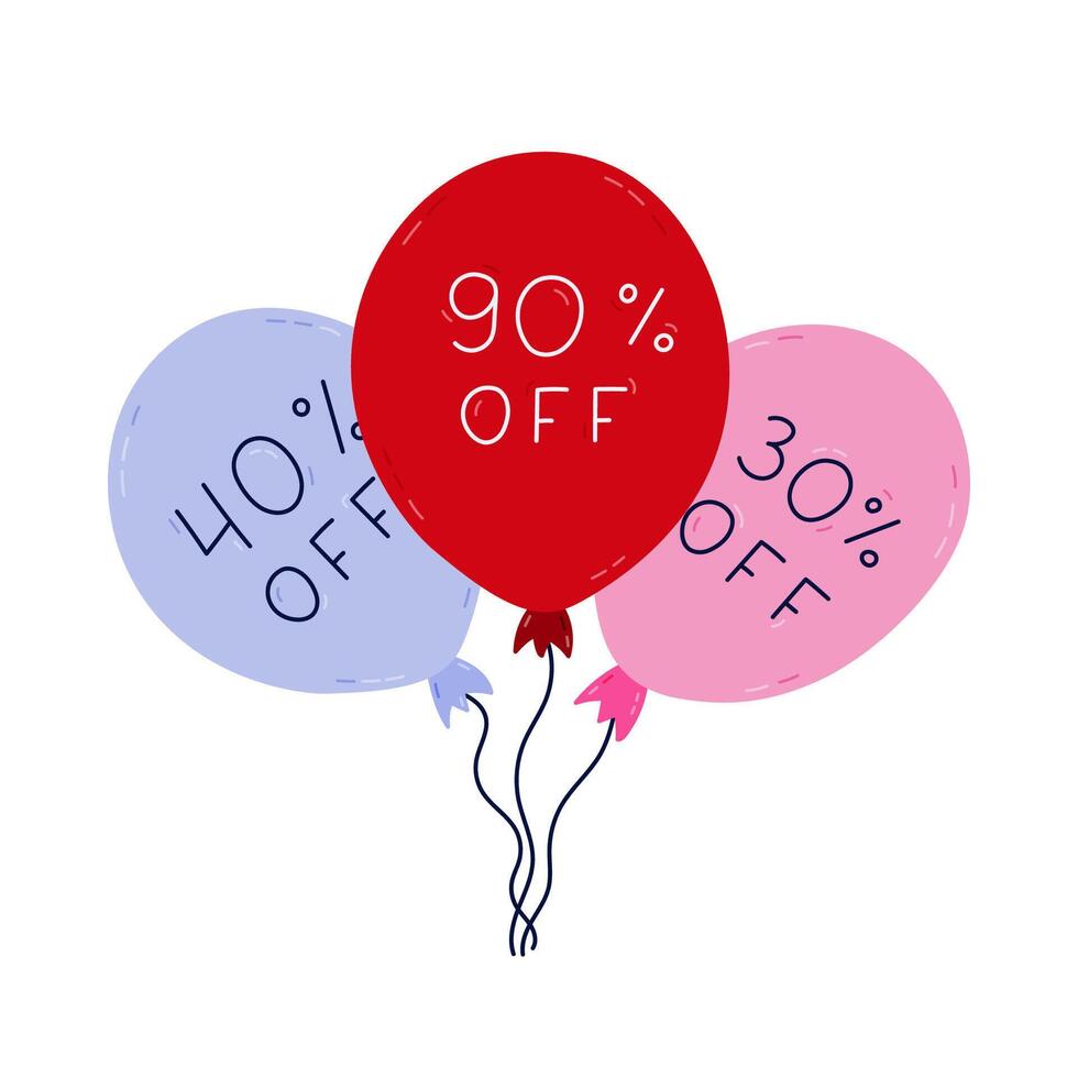 Cartoon hand drawn sale bunch of balloons with price off offer. Party balloons with big discount for business, internet and offline store. Minus 30, 40, 90 percent clipart isolated on background. vector