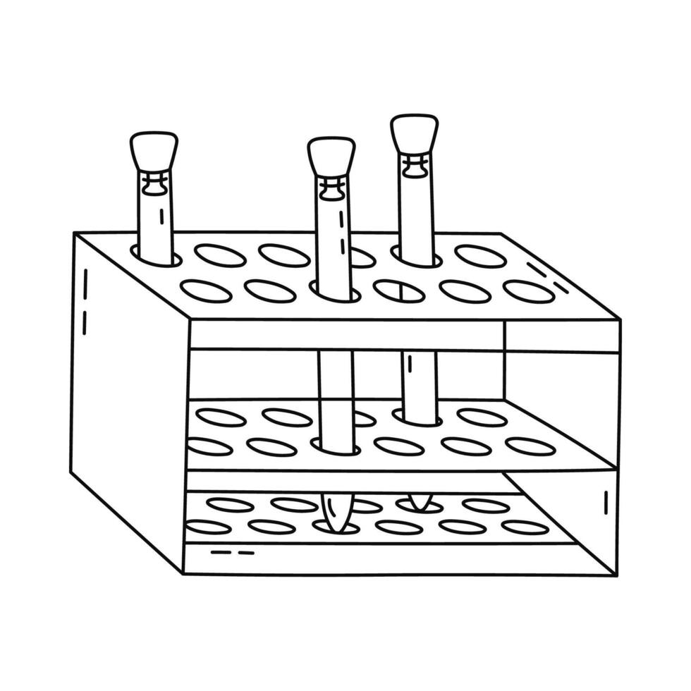 Cute doodle test tube stand with glassware with cork for chemical and medical experiment. Glass tube in stand for research lab, biology analysis. Hand drawn science tool isolated on white. vector