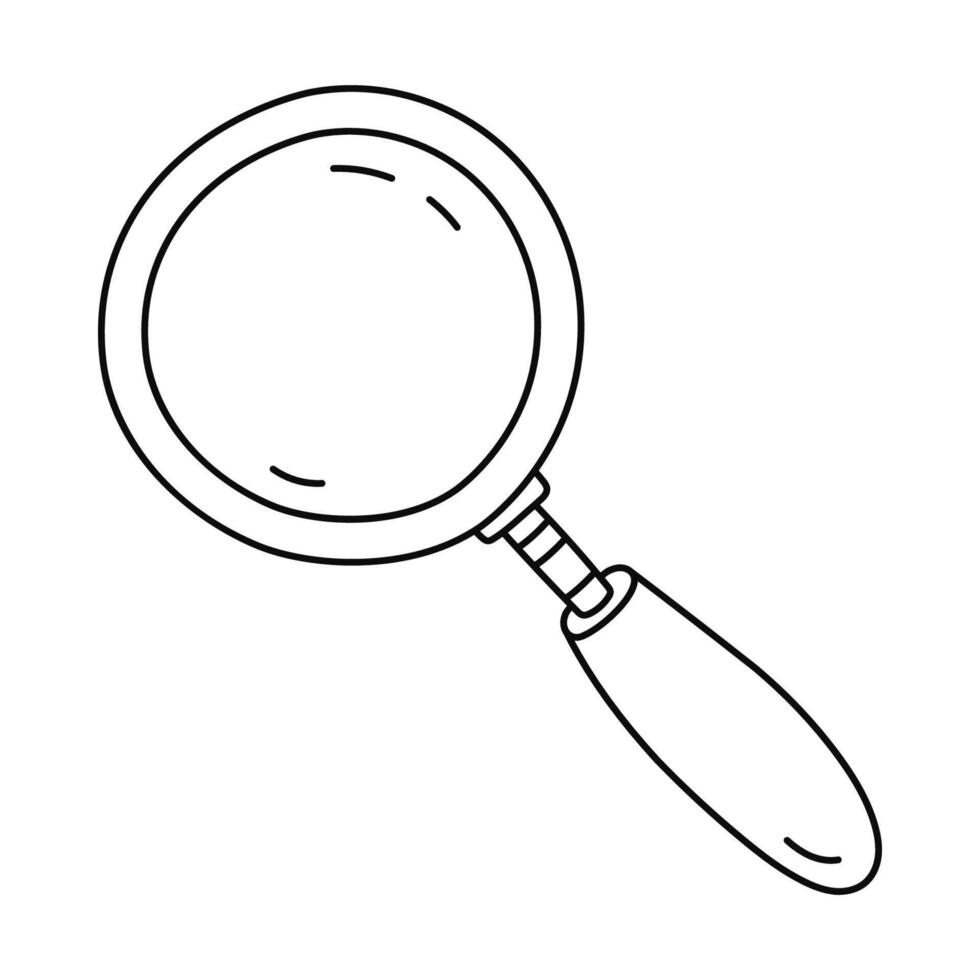 Cute doodle hand held magnifying glass. Hand drawn loupe with handle as concept of search information, investigating, business idea. Outline scientific and business magnifier isolated on white. vector