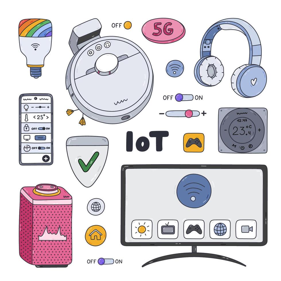 Colorful doodle set of smart devices for entertainment, cleaning house, regulate temperature, light, secure home. Hand drawn intelligence machine with remote control via telephone. Internet of things vector