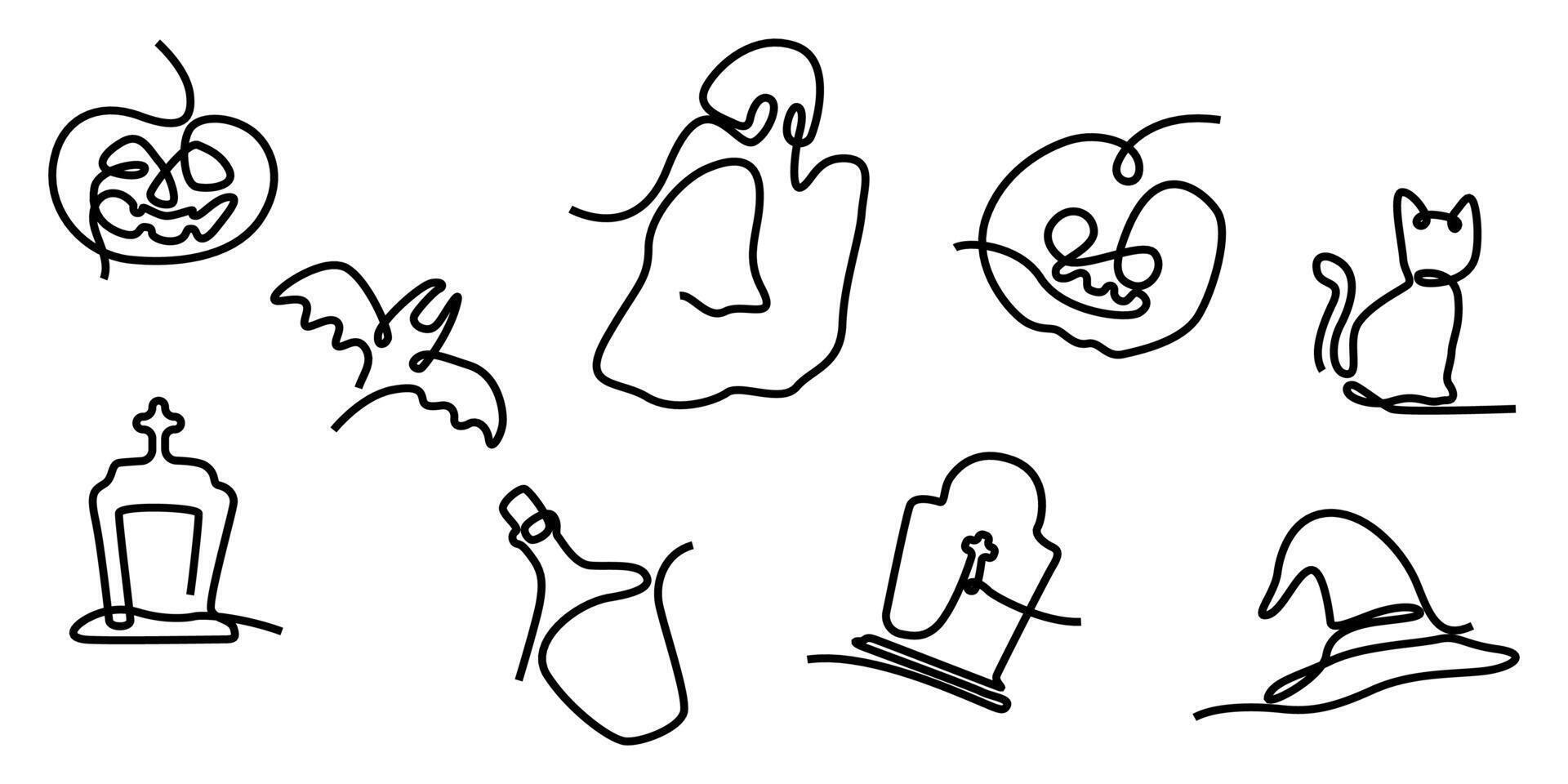 Set of continuous line drawing halloween , Black and white minimalist illustration of ghost, bat, jack o lantern, gravestone, witch hat, cat, poison. one hand drawn sketch spooky theme vector