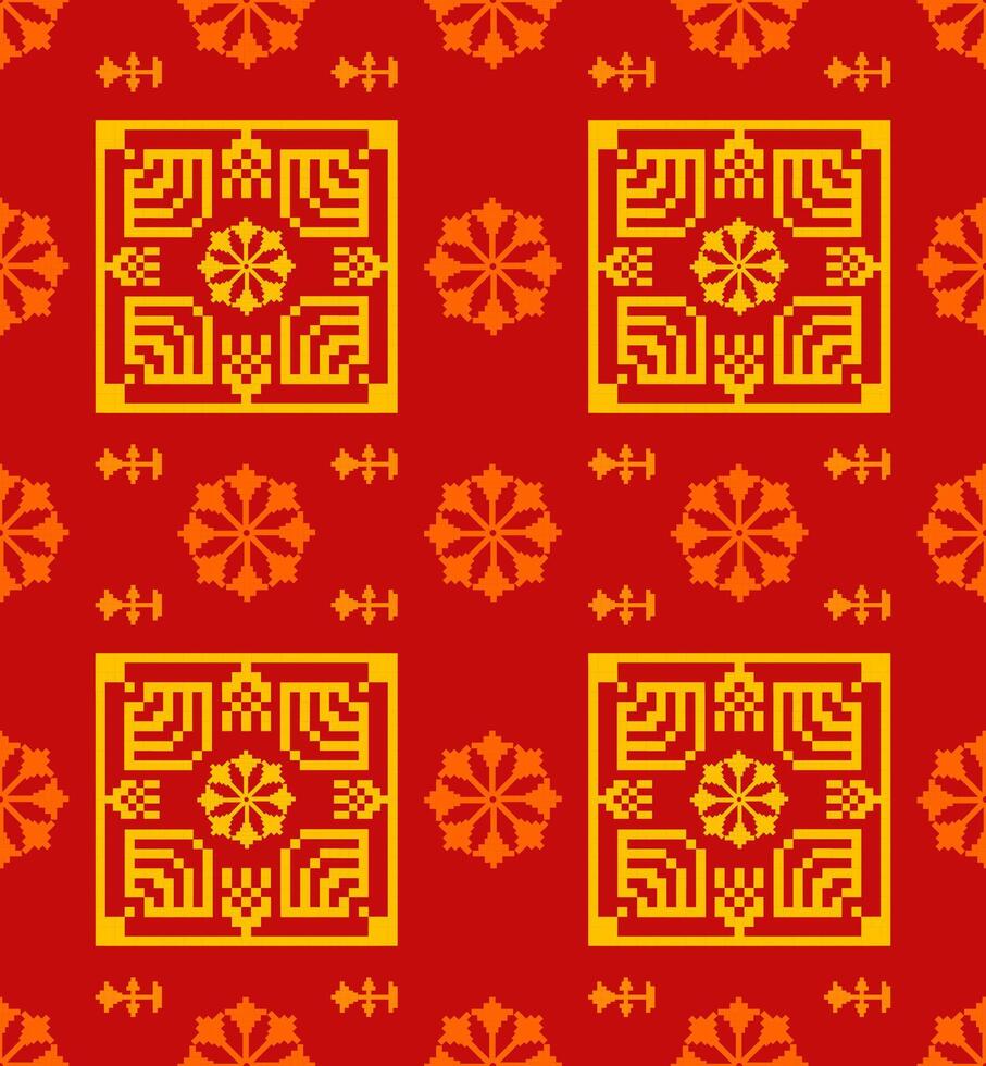 Geometric pixel pattern. Seamless pattern. Mexican blanket, carpet, rug, tiles. Illustration design on red and yellow background. vector