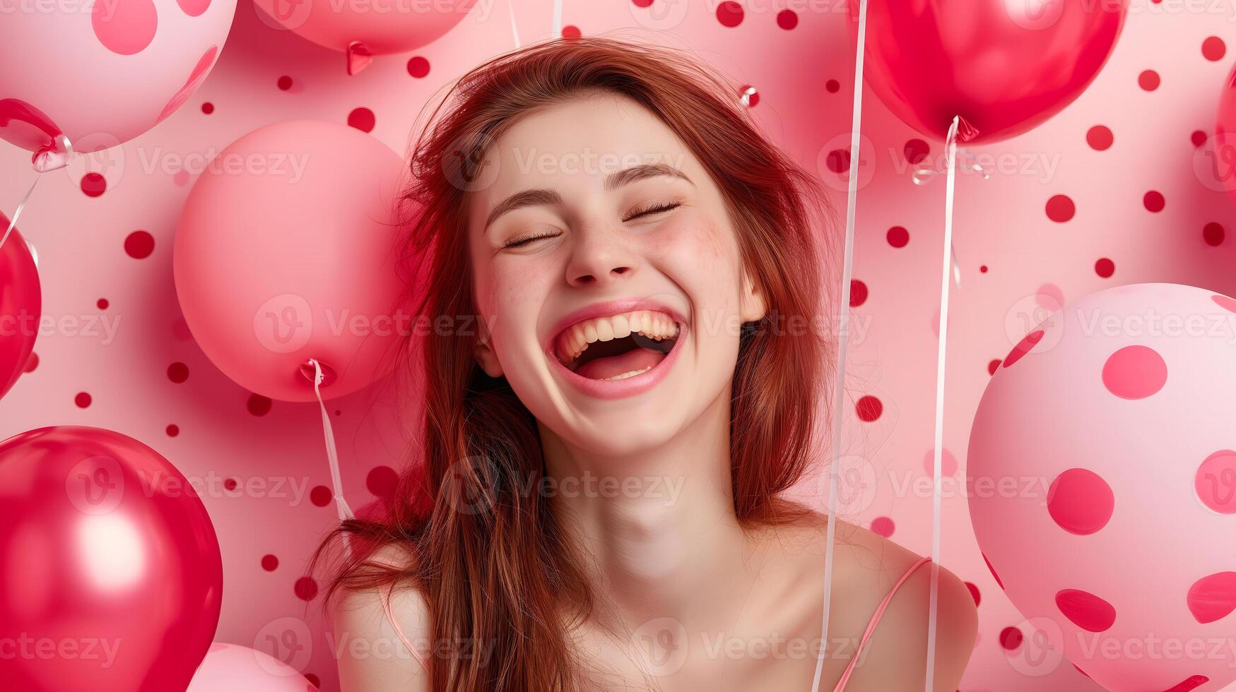 Young adult woman with red and pink air balloons laughing, on pink polka dots background. Happy holiday party. Joyful beauty having fun, celebrating Valentine's Day. photo