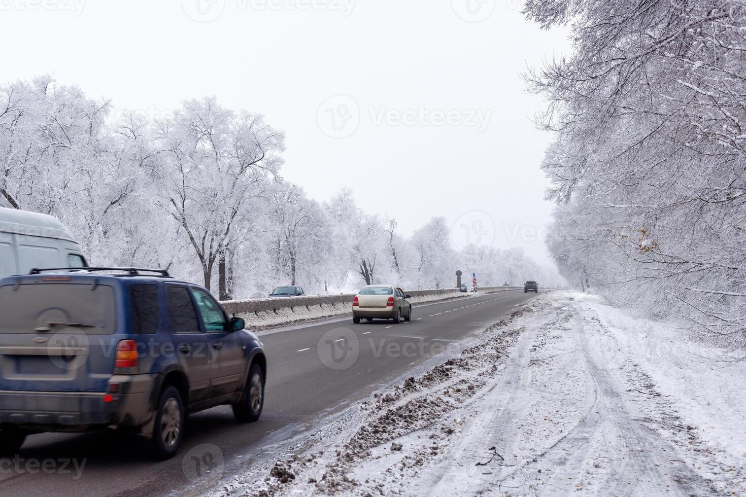 winter interstate road with snow covered trees at overcast day photo