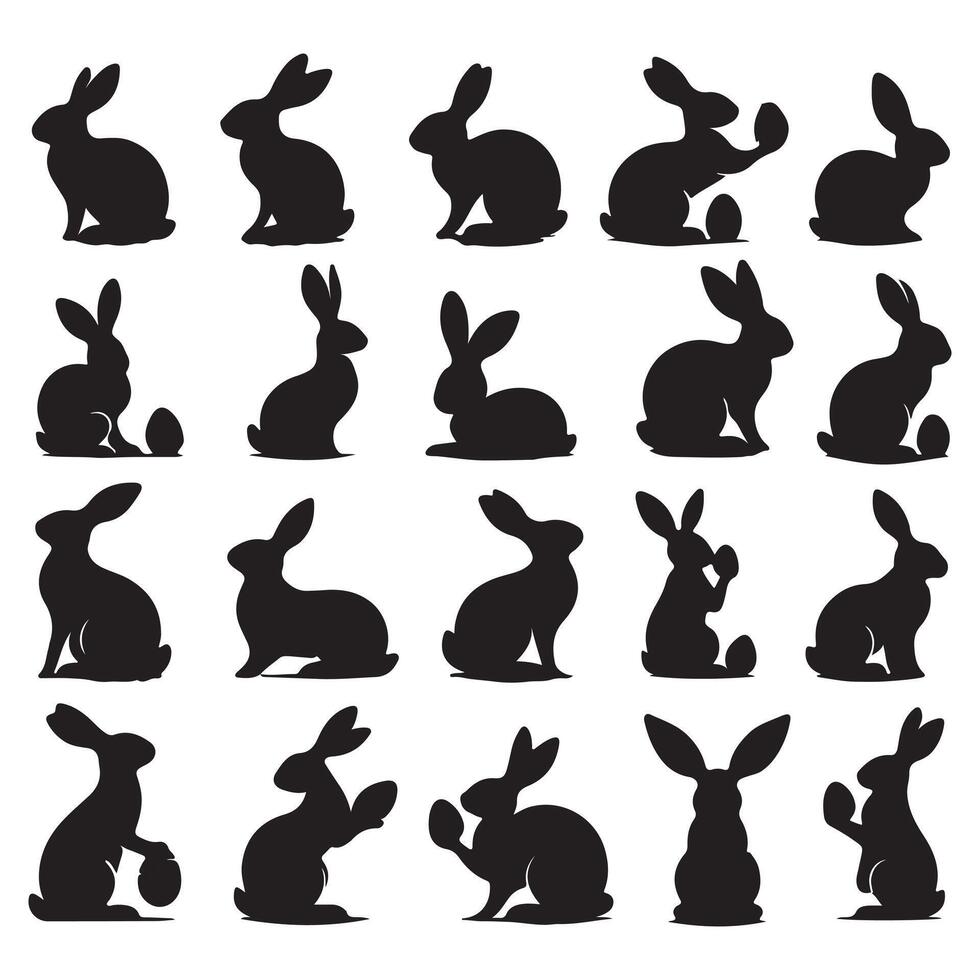 Set of black silhouettes of rabbits in various poses vector