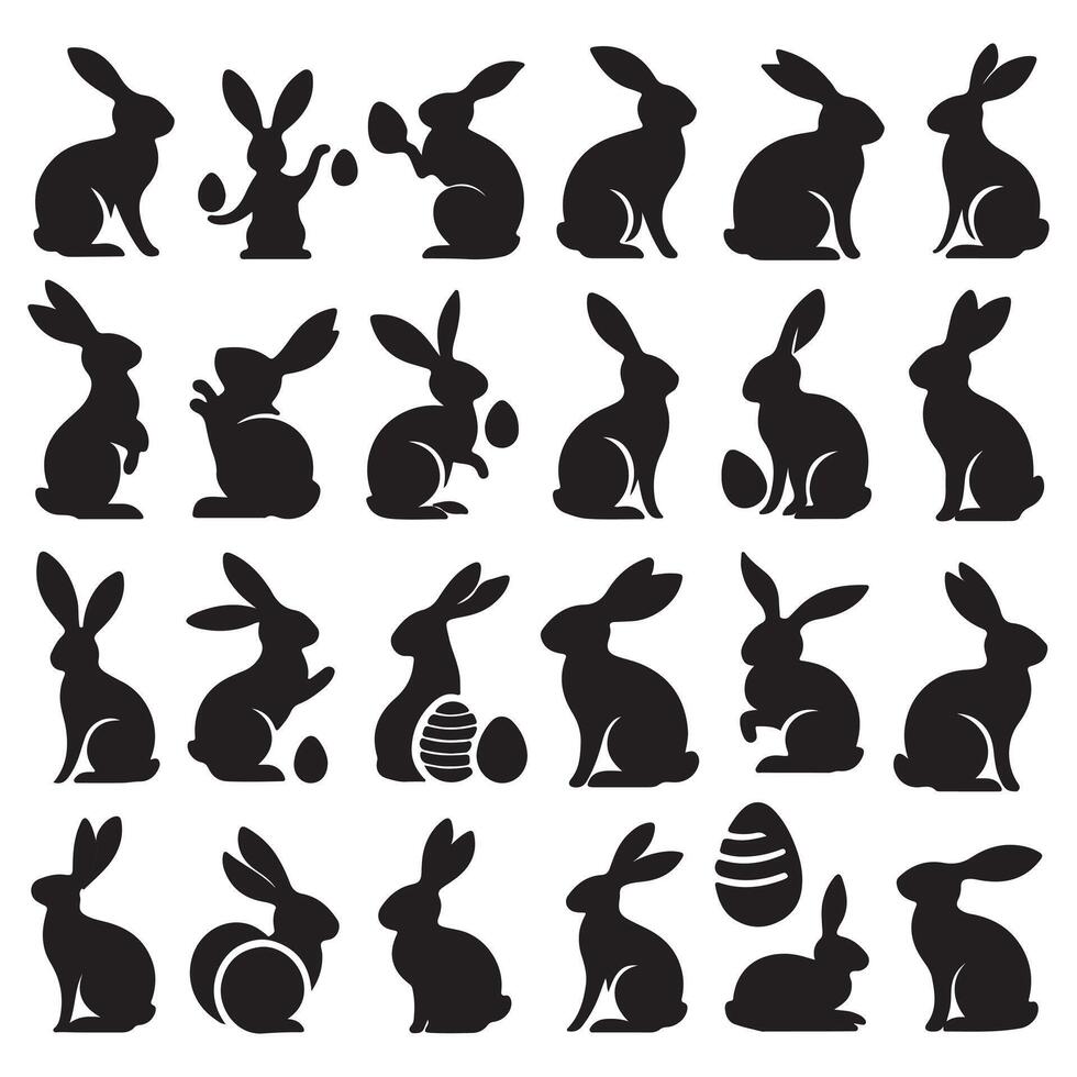 Set of black silhouettes of rabbits and eggs vector