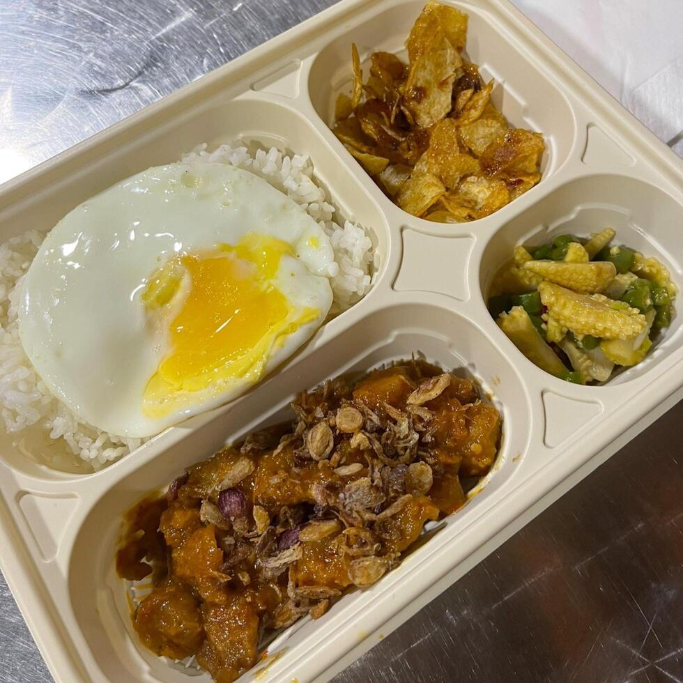 Embark on a flavor journey with our Indonesian bento box, an irresistible mix of vibrant tastes and traditional delights in every bite photo