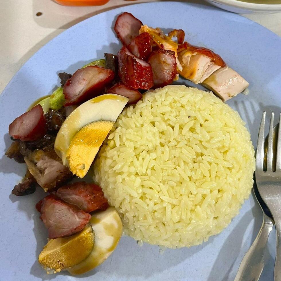 Digging into a delicious bowl of mixed pork rice photo