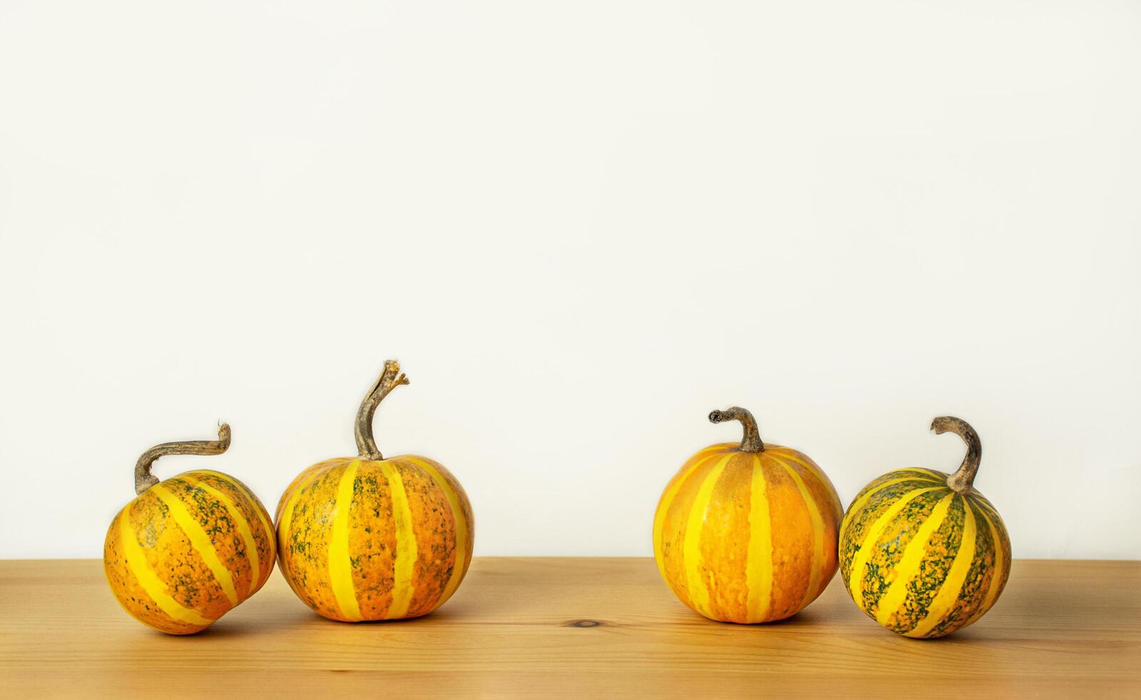 Decorative orange pumpkins on a light background. Minimal background. Thanksgiving day. Halloween concept. banner Copy space. photo