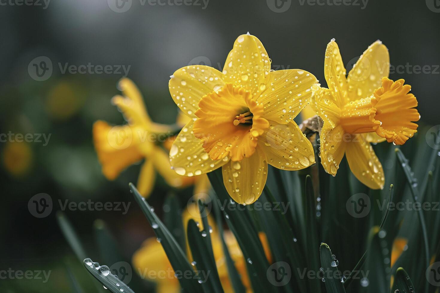 Daffodils in the garden with raindrops on the petals photo