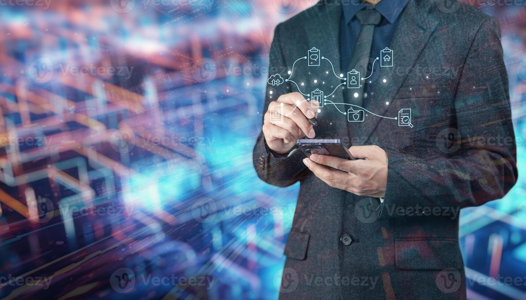 Businessman using smartphone with social network icons on background photo