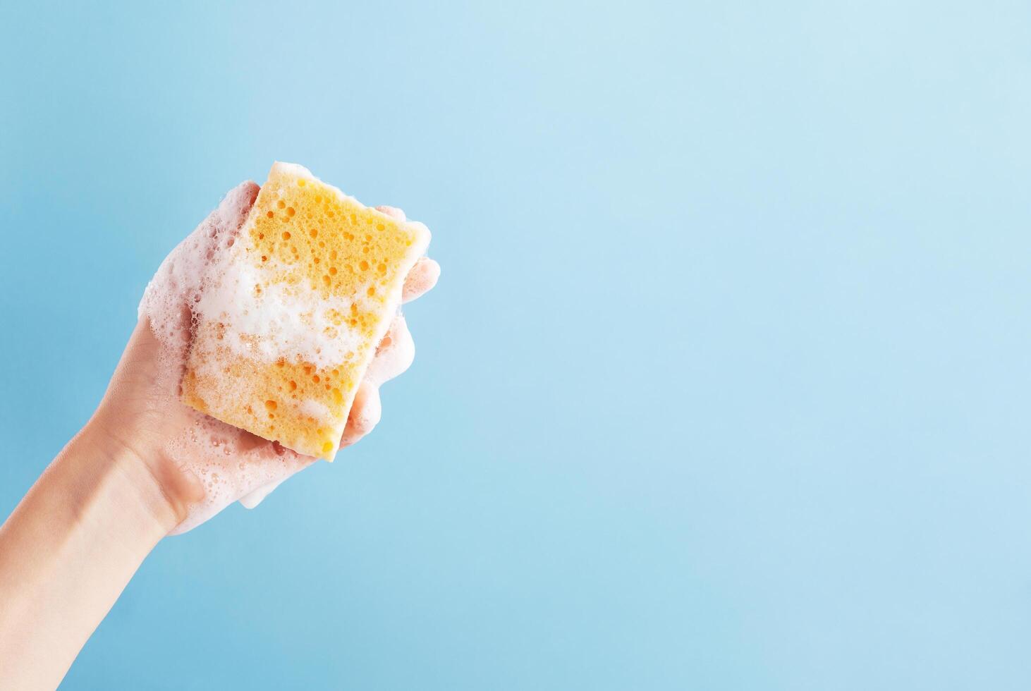 Persons hand holding yellow sponge for dish wash. Washcloth covered in soap. Domestic chores and supplies concept. Sensitive dishwashing detergent. Copy space in right side. Isolated on blue photo