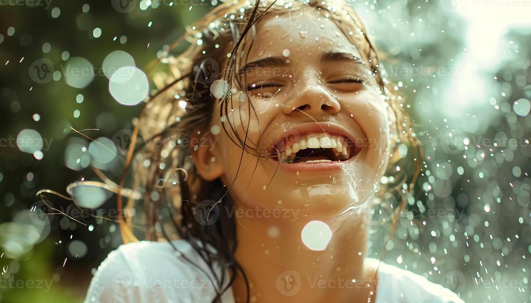 Young girl smiling joyfully as water droplets splash around her. Enjoying a refreshing moment, perhaps in the rain or under a spray of water, with sunlight filtering. photo