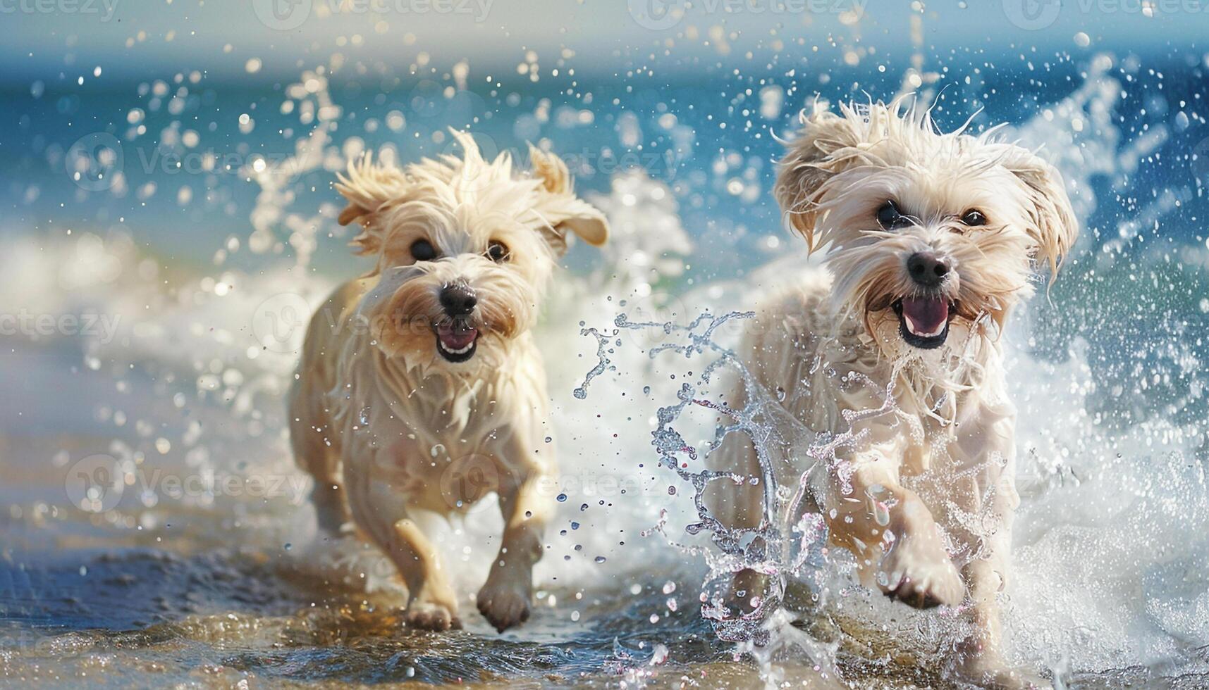 Happy dog running with a lot of splashing on a sandy summer beach. photo