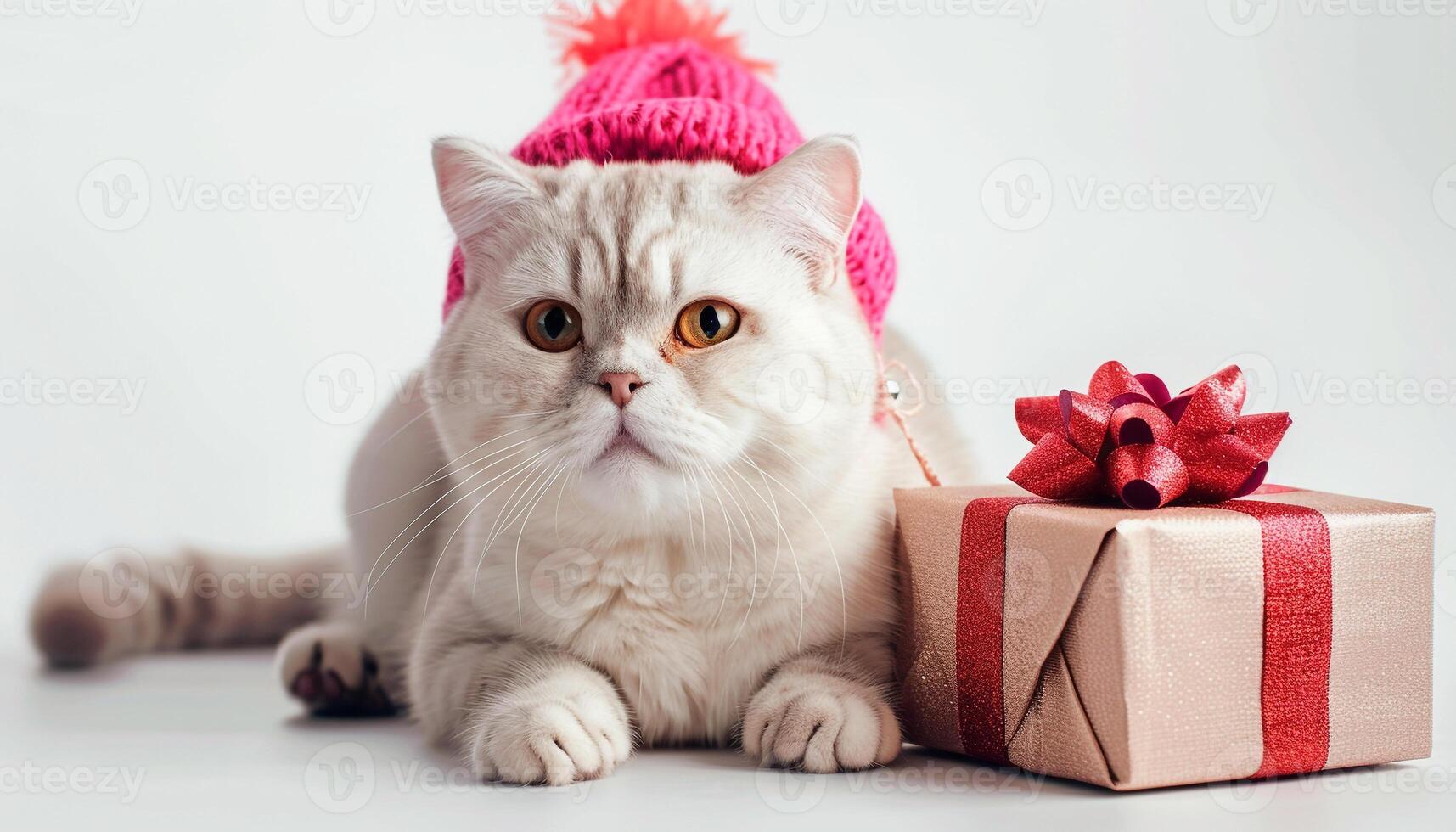 A fluffy cat wearing a pink hat sitting next to a gift wrapped in red ribbon, looking at the camera with a cute, slightly serious expression. photo