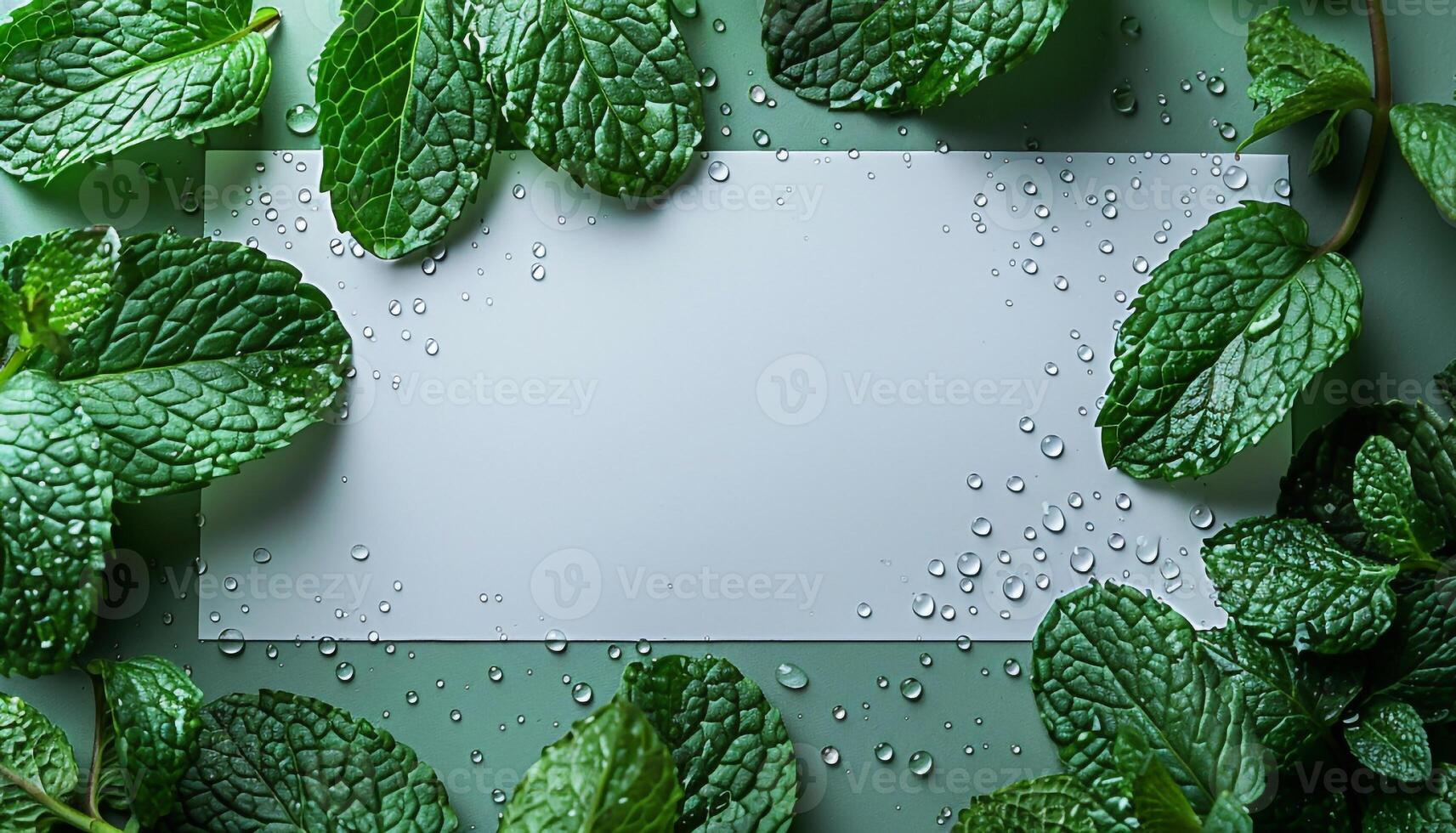 Fresh green mint leaves surrounding a blank rectangular space in the center, with droplets of water scattered on the leaves and the surface. photo