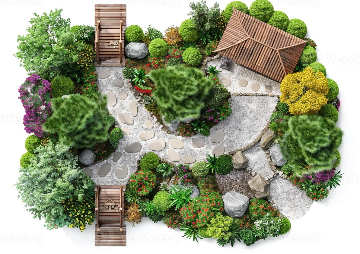 Landscape architecture plan design on the desk. Top view. photo