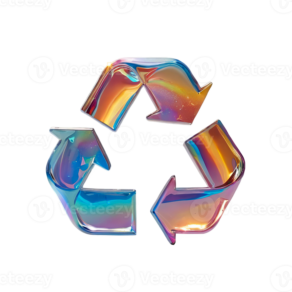 3D chrome element in Y2K style, isolated background, liquid holographic metal. Colorful triangle with arrows pointing in different directions, symbol of recycling. png