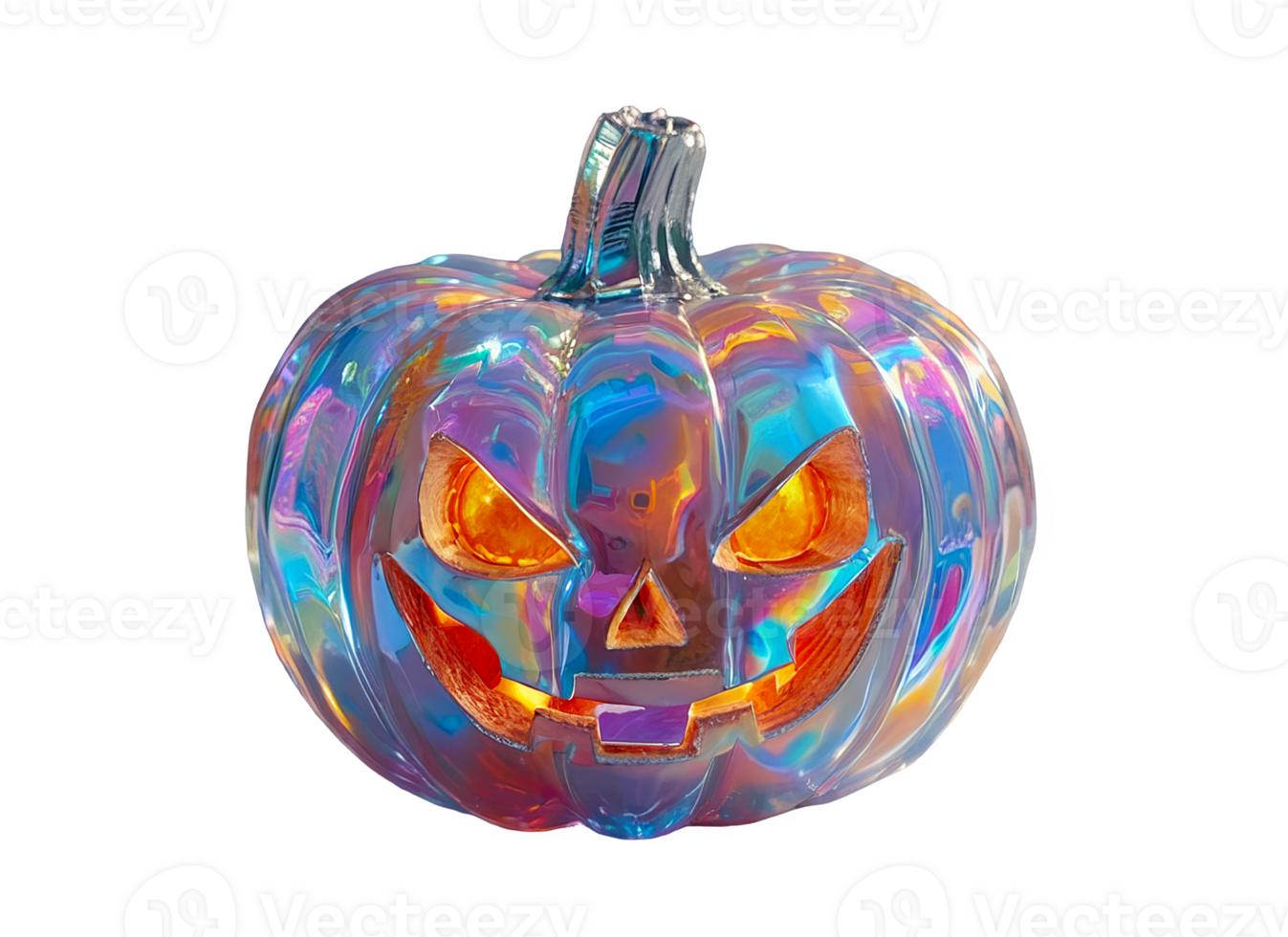 3D holographic Y2K element, isolated background. Liquid chrome metal, glowing pumpkin with a scary face illuminated, creepy appearance. Jack o' lantern, halloween. png