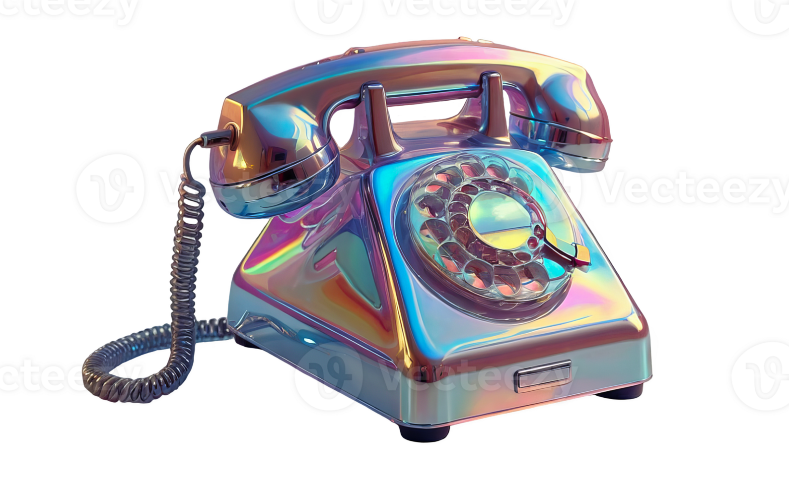 3D chrome element in Y2K style, isolated background, liquid holographic metal. Silver phone with a rainbow colored dial, shiny surface. png