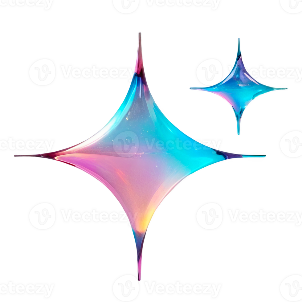 3D chrome element in Y2K style, isolated background, liquid holographic metal. Pair of colorful, glowing stars, objects with shiny surface, different colors. png